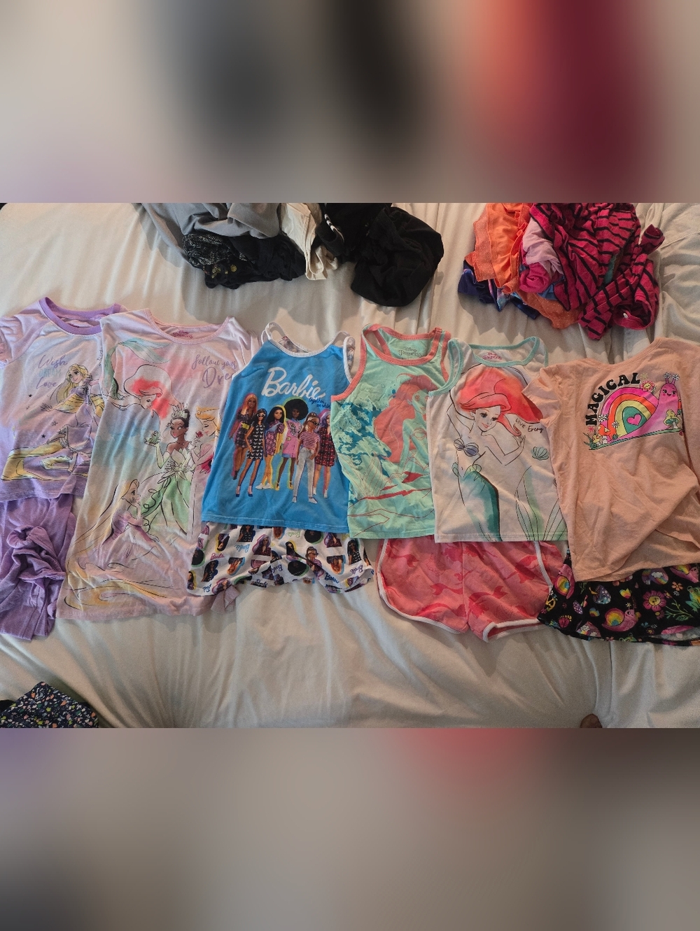 Bundle of 6 matching Girls' Disney & Barbie Character Tanks, Dress & Short Sets